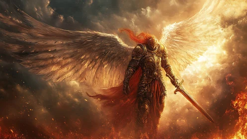 Armored winged figure with sword in fiery clouded sky.