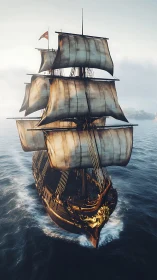 Golden-galley full-rigged ship carves dawn-lit ocean path.