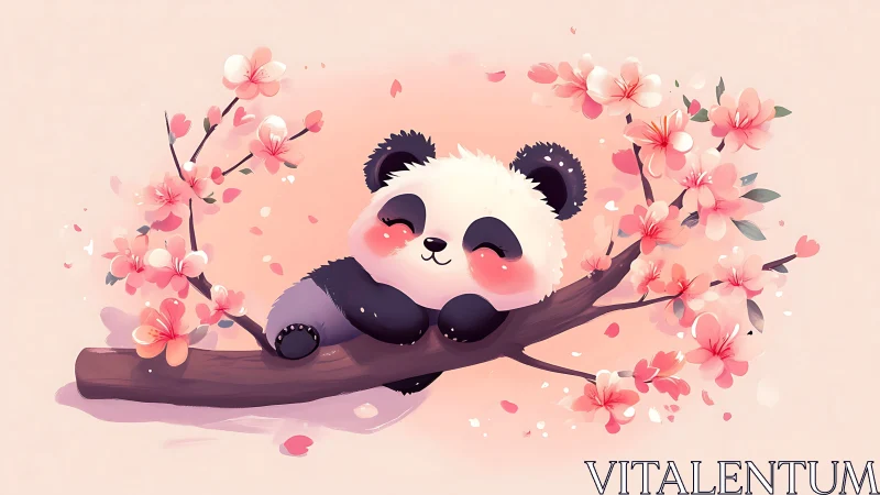 Dreamy baby panda resting among soft cherry blossoms.