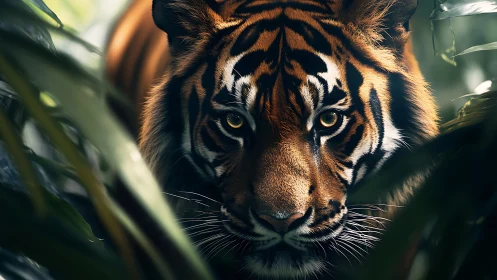 Predatory tiger portrait with shallow depth and jungle bokeh.