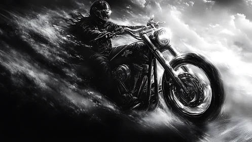 Storm-riding biker carved from chrome, cloud and thunderlight.
