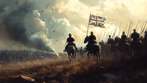 Storm-swept cavalry advance beneath tattered Union Jack banner.