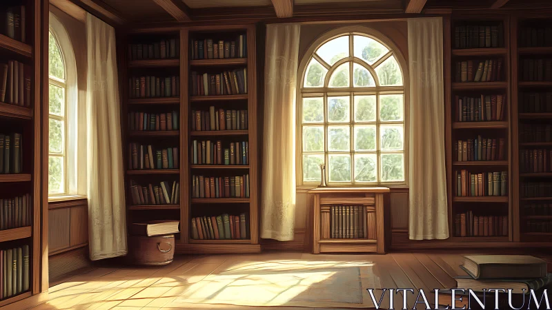 Sunlit private library with arched window and wood shelves.