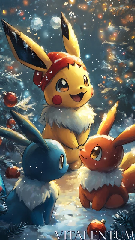 Festive cartoon creatures gather in snowy forest clearing