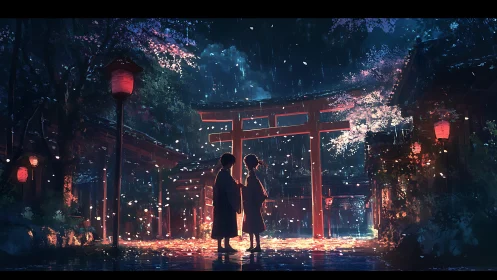 Torii-lit rainstorm with two figures under sakura petals.