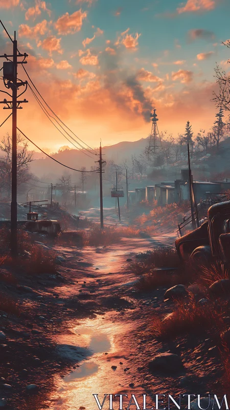 Sunset bleeding over a rusted post-apocalyptic roadside.