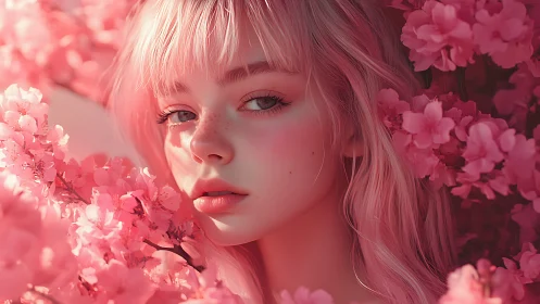 Digital portrait of young woman amid dense pink blossoms.