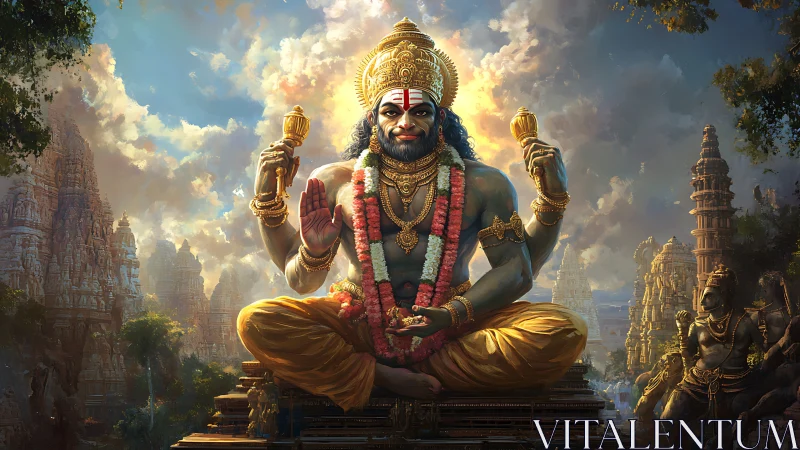 Seated four-armed deity before detailed temple complex.