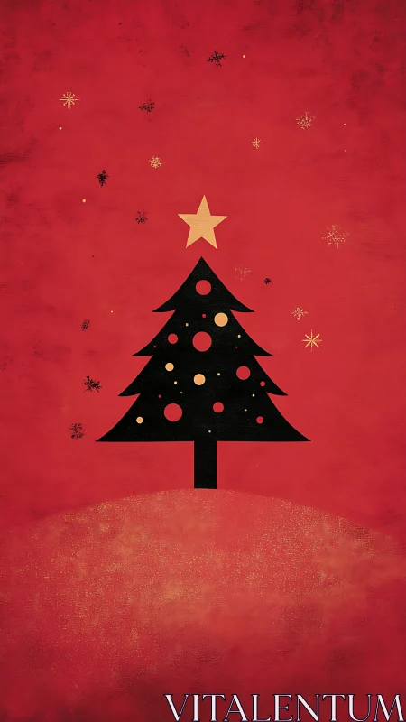 Minimalist black Christmas tree on textured red field.