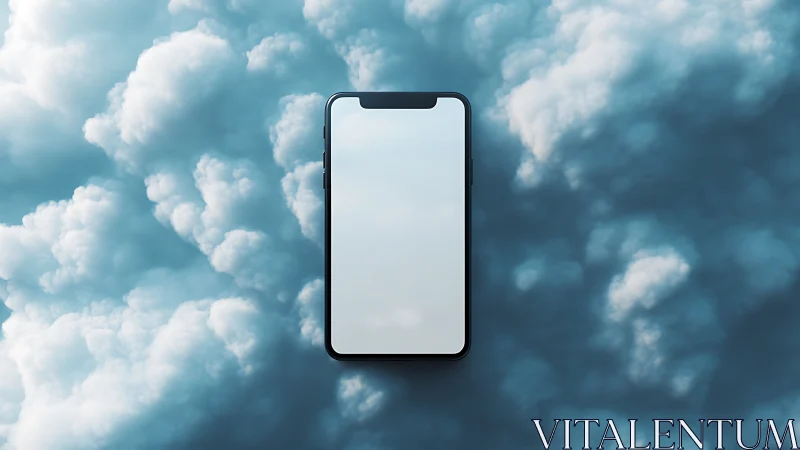 Smartphone floats centered against dense blue cloud backdrop