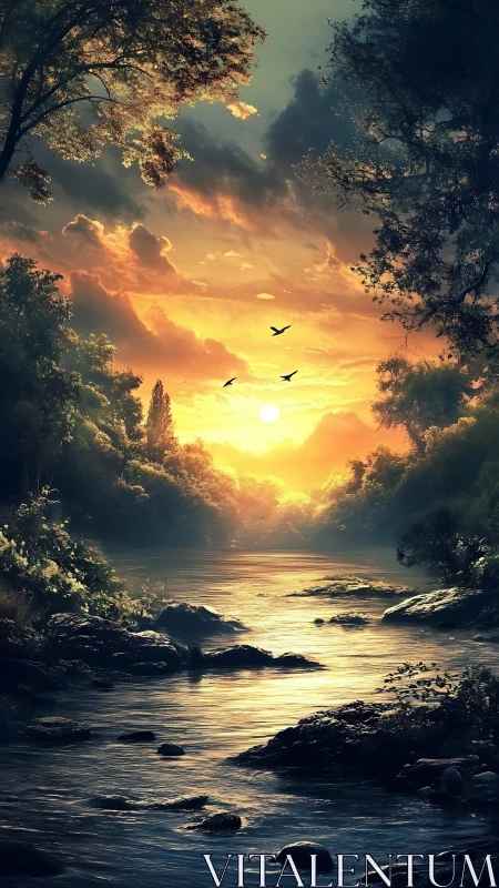 Sunlit river hush under ember clouds and drifting wings.