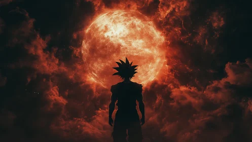 Silhouetted warrior confronts a burning red moon in stormy sky