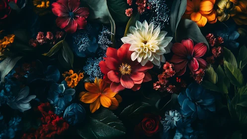 Dark Floral Still Life with Multichromatic Blooms and Atmospheric Backlighting