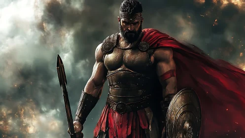 Armored warrior stands with spear and shield in stormy smoke