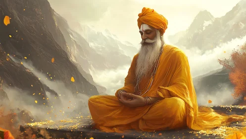 Mountain mystic in saffron robes amid drifting petals.