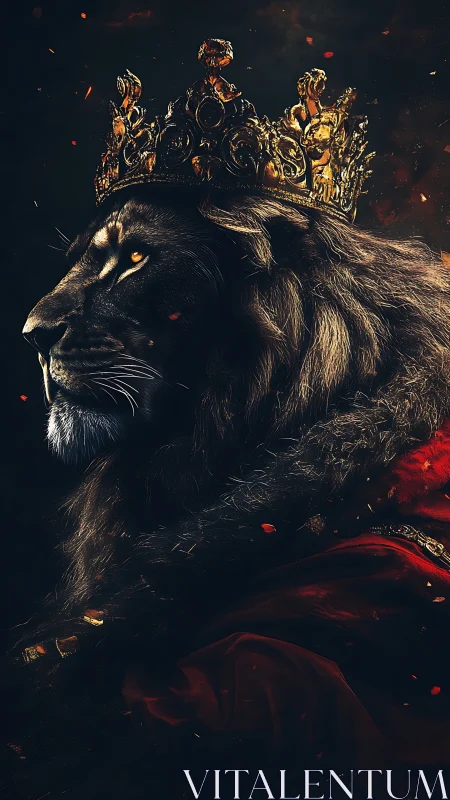 Regal black lion king with ornate golden crown at dusk.
