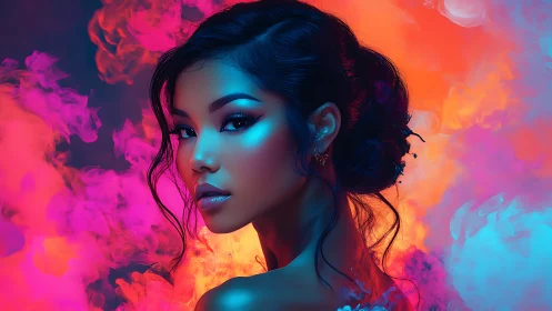 Digital painting portrait with neon bicolor atmospheric lighting.