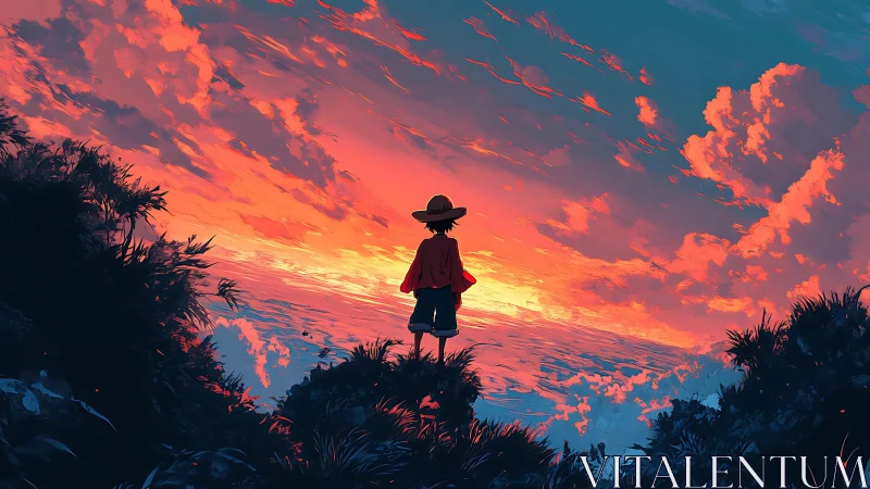 Sunset cliff dreamer watching an ocean of burning clouds.