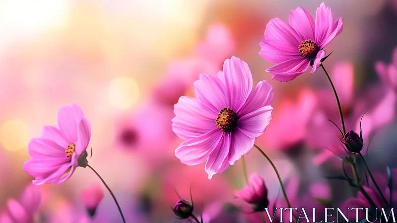 Radiant Pink Cosmos Flowers Dancing in Dreamy Sunlight