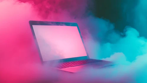 Open laptop glows through neon pink and cyan atmospheric haze