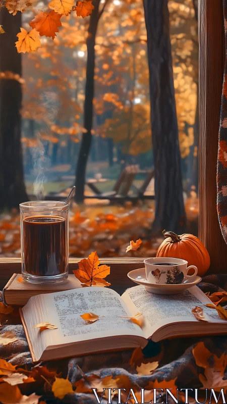 Autumn reading nook with steaming coffee and warm light.