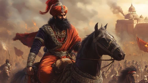 Warrior king leads cavalry charge before burning citadel.