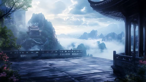 Mountain terrace with misty valley and traditional pavilions.