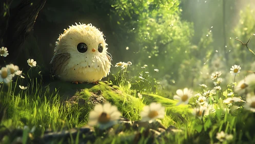 Round fluffy owl sits in sunlit forest clearing among daisies