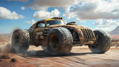 Off-road armored muscle car powers through dusty desert track