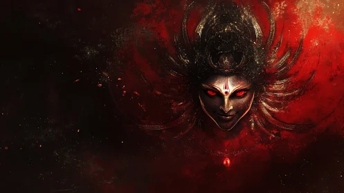 Fiery goddess visage emerges from darkness with burning power