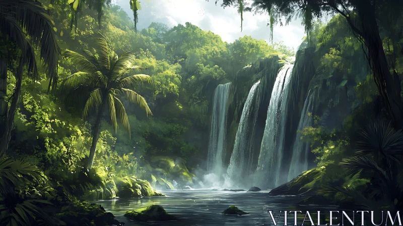 Tropical Waterfall Cascade: Digital Landscape Render.