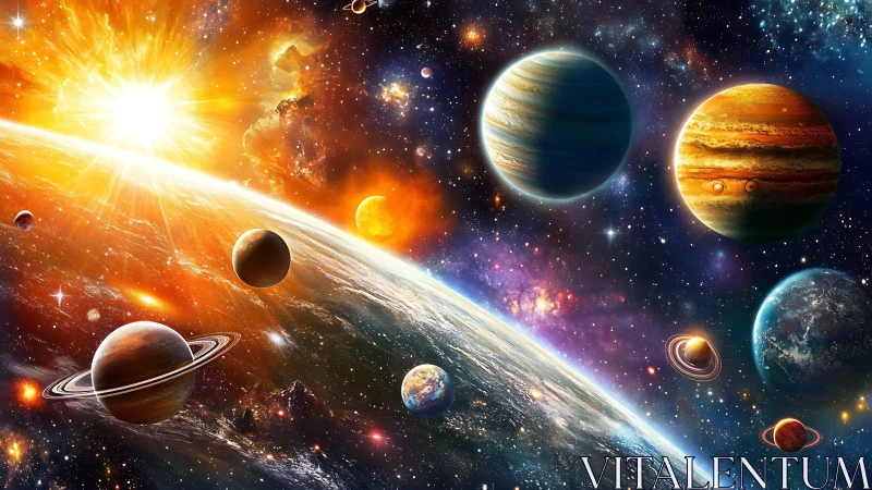 Vivid solar system panorama with radiant sun and planets.
