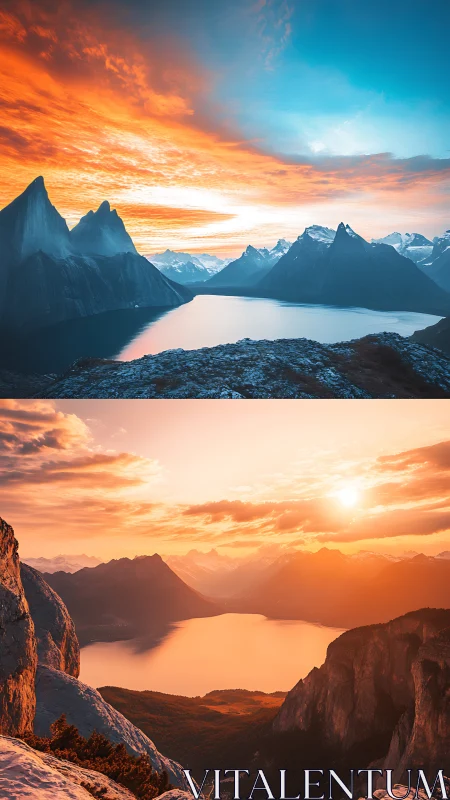 Twin alpine lakes under blazing sunrise and sunset skies.