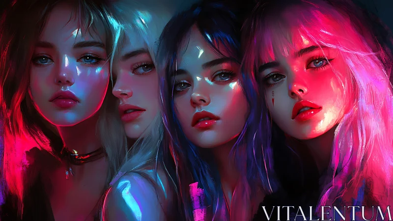 Neon-lit quartet of ethereal girls gaze through vivid color.