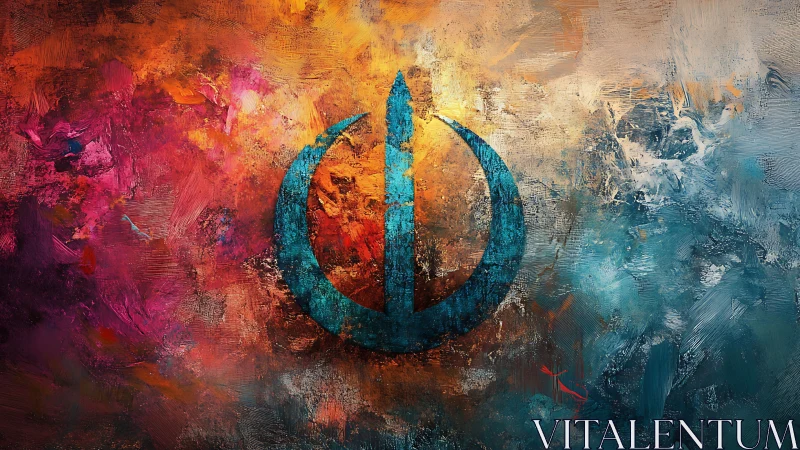 Abstract blue emblem over textured warm cool field.