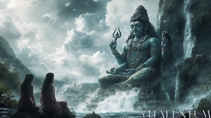 Giant blue deity statue dominates misty mountain valley scene