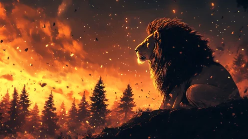 Lion watches burning forest under molten ember sky.