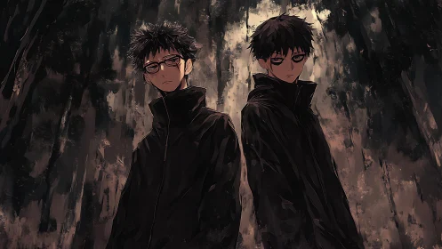 Dual monochrome silhouettes in rain-streaked anime corridor.