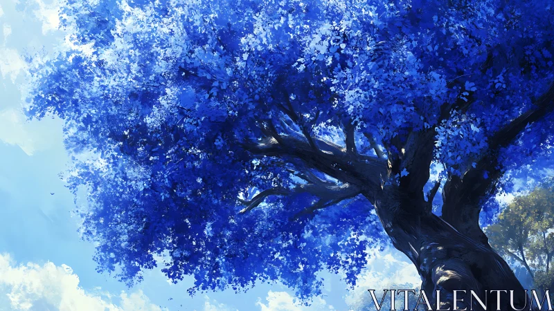 Saturated cobalt tree canopy against bright summer sky.