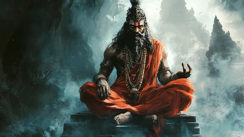 Powerful ascetic saint meditating on stone steps in mist.