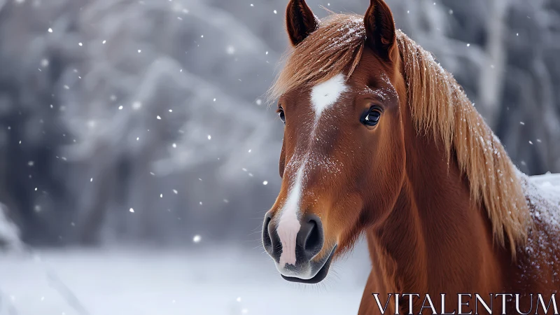 Snow-dusted chestnut horse gazes through quiet winter hush.