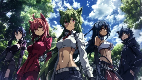Group of armed anime characters in forest clearing under sky.