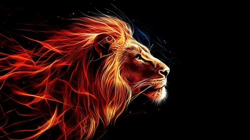 Flaming neon lion profile in luminous digital abstraction.