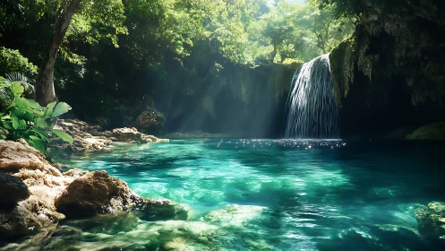 Tropical limestone grotto pool with cascading waterfall and caustics
