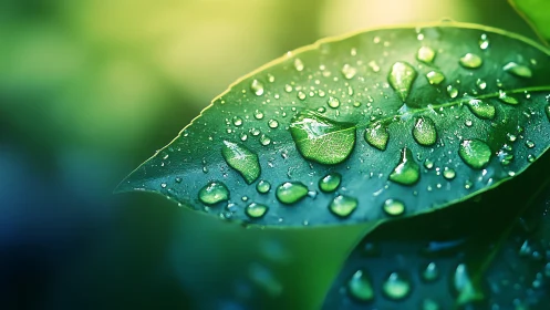 Sunlit green leaves with sparkling raindrops after rainfall.