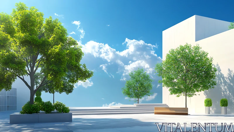 Modern urban plaza rendering with sculpted trees and sky.
