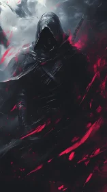 Hooded shadow assassin in crimson storm-lit abstraction.