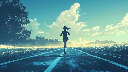 Silhouetted runner charges into a glowing sunrise horizon