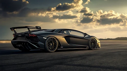 Sunlit supercar waits calmly on an open runway at dusk