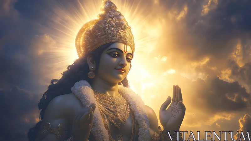 Radiant divine figure in golden backlight amid storm clouds